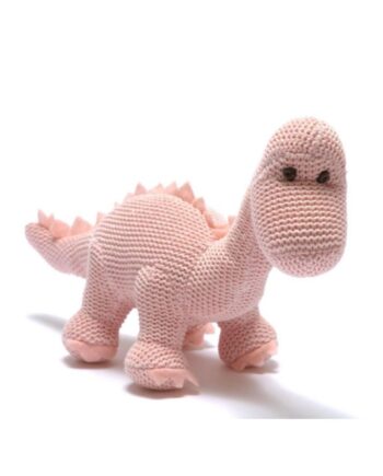 Knitted Pink Diplodocus rattle soft toy Send a Cuddly