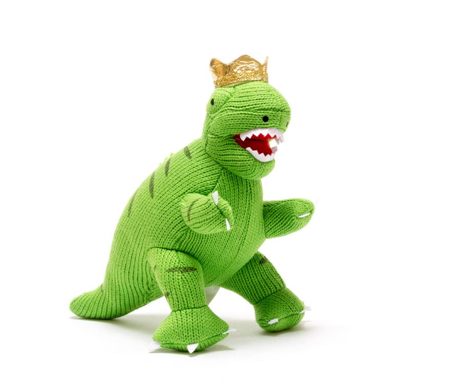 Coronation T Rex knitted cuddly soft toy with crown - Send a Cuddly