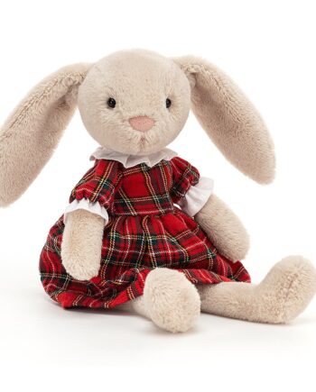 Lottie bunny soft toy in red tartan dress Send a Cuddly