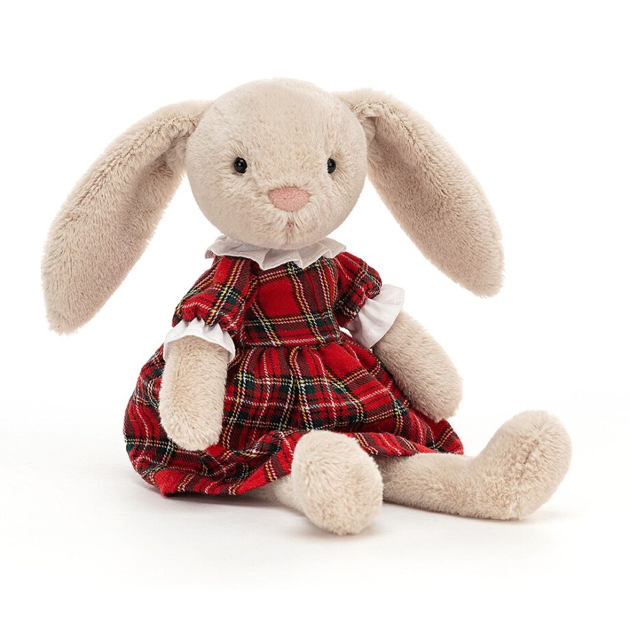 Lottie bunny soft toy in red tartan dress Send a Cuddly