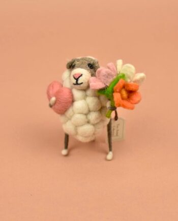 Felt Sheep with Heart and Flowers